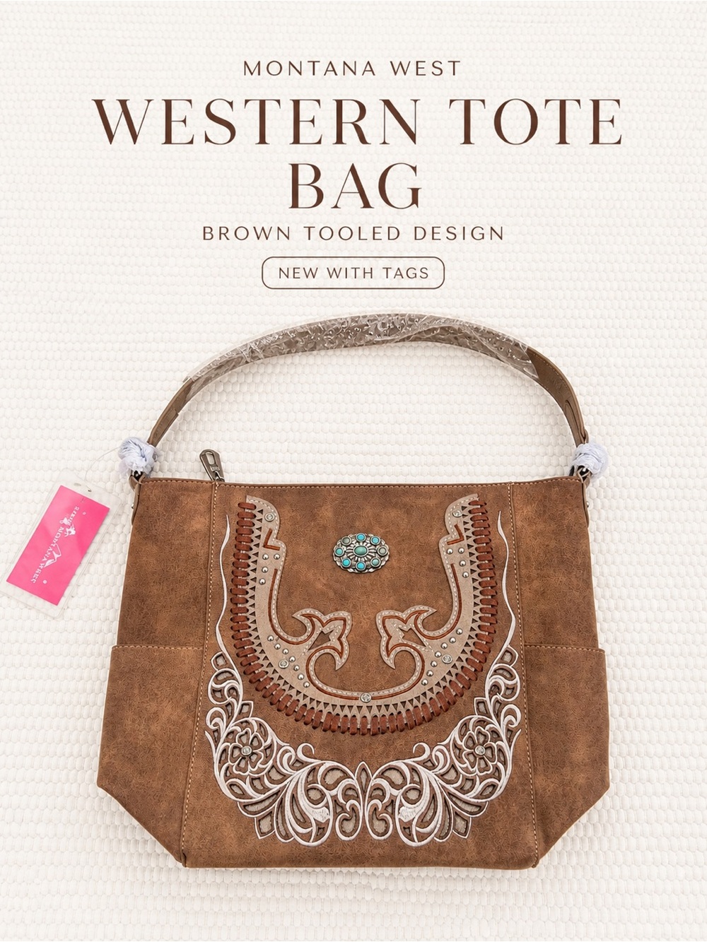 Montana West Western Tooled Tote Bag Brown Turquoise Concho Boho